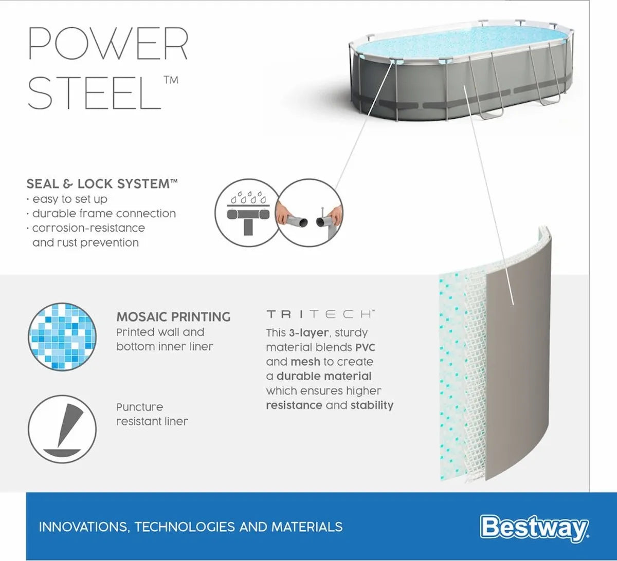Bestway Power Steel ovaal zwembad - 488 x 305 x 107 cm - met filterpomp en accessoires